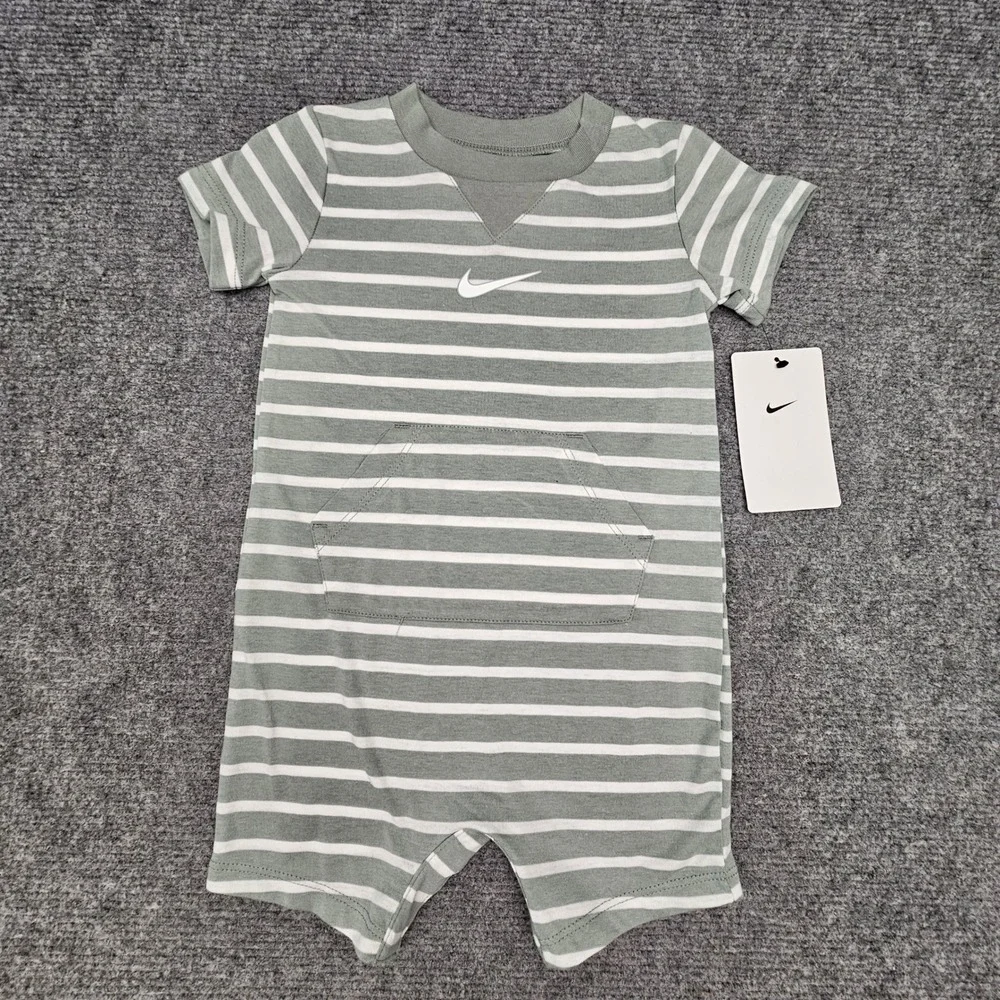 Nike Striped Romper Kids 12M Mica Green Short Sleeve Pocket One Piece NWT